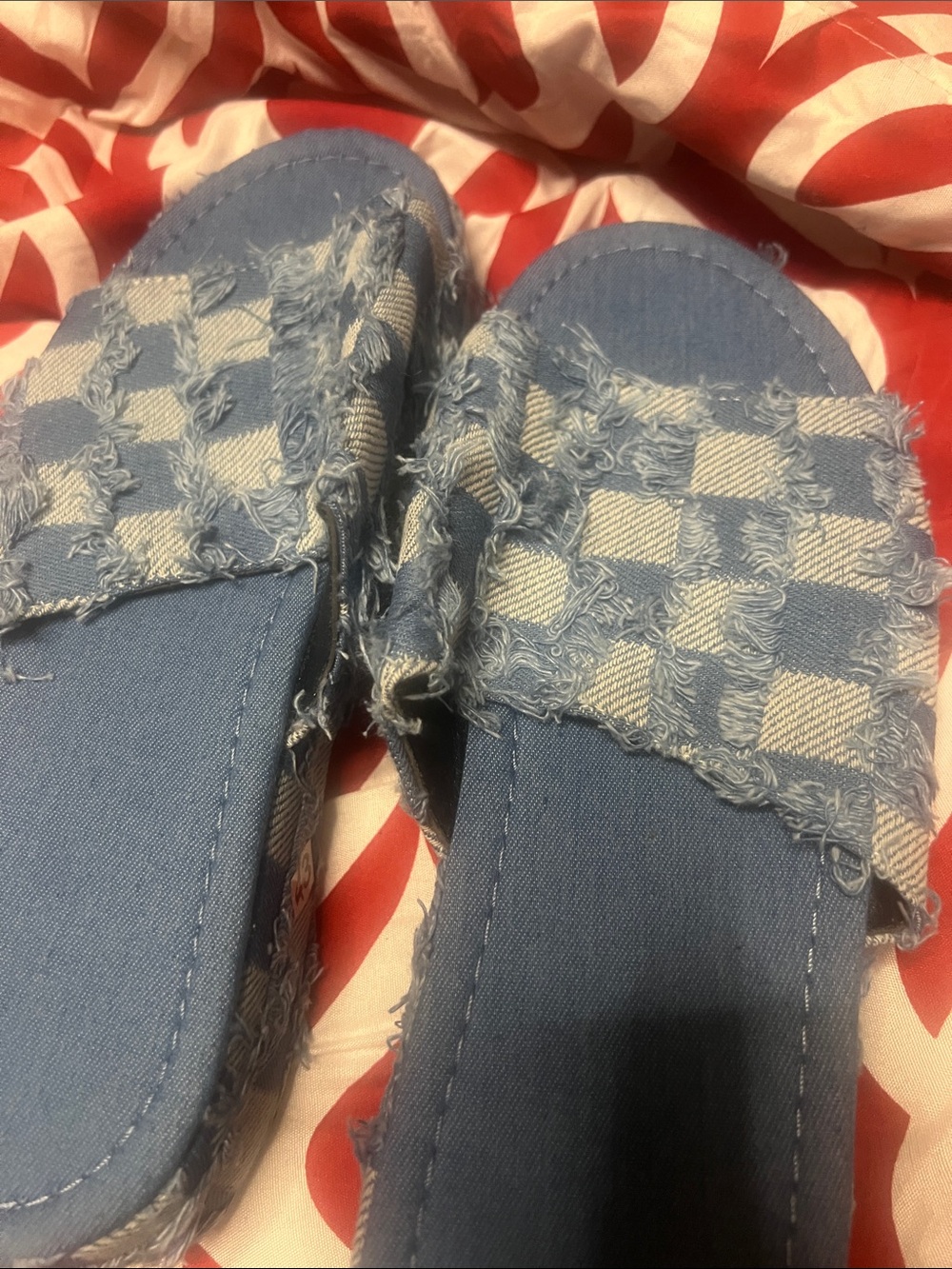 Frayed Checkered Slide Sandals in Light Blue